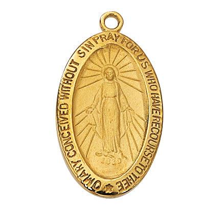 Gold Oval Miraculous Medal .83" Large Inscription Border - 18" Chain - Saint-Mike.org