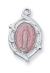 Small Sterling and Pink Enamel .75" Miraculous Medal - 16" Chain - Saint-Mike.org